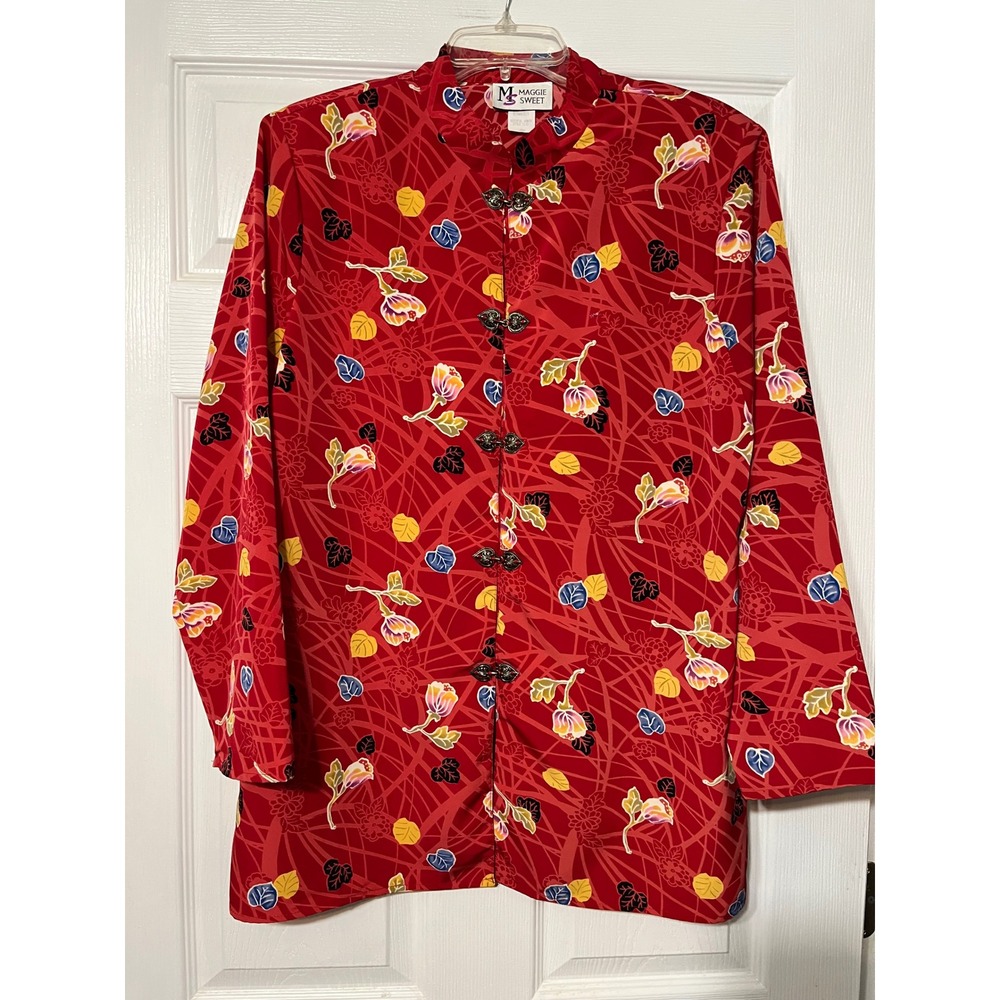 Maggie‎ Sweet Oriental Floral Print Red Tunic Top Blouse Large